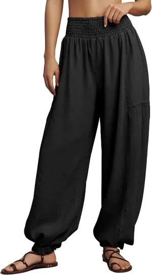 Womens Baggy Wide Leg Pants Casual Elastic Waist and Ankles Bohemian Palazzo Harem Pants with Pockets