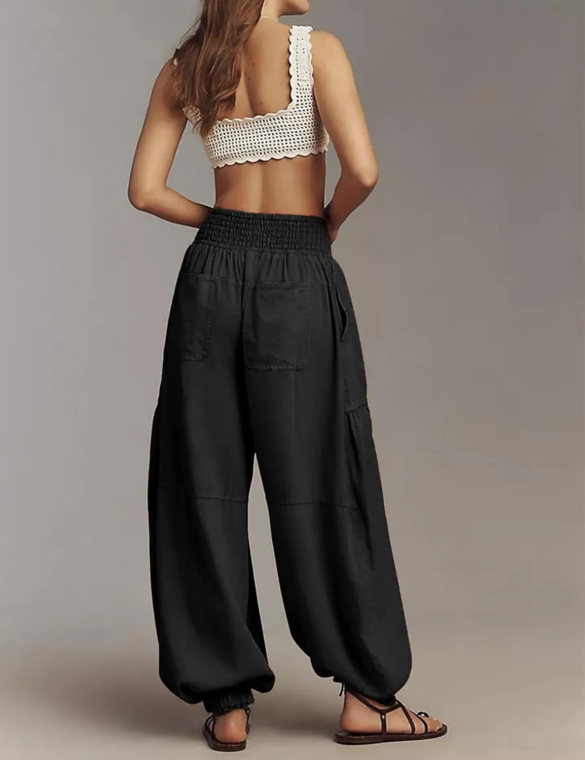 Womens Baggy Wide Leg Pants Casual Elastic Waist and Ankles Bohemian Palazzo Harem Pants with Pockets