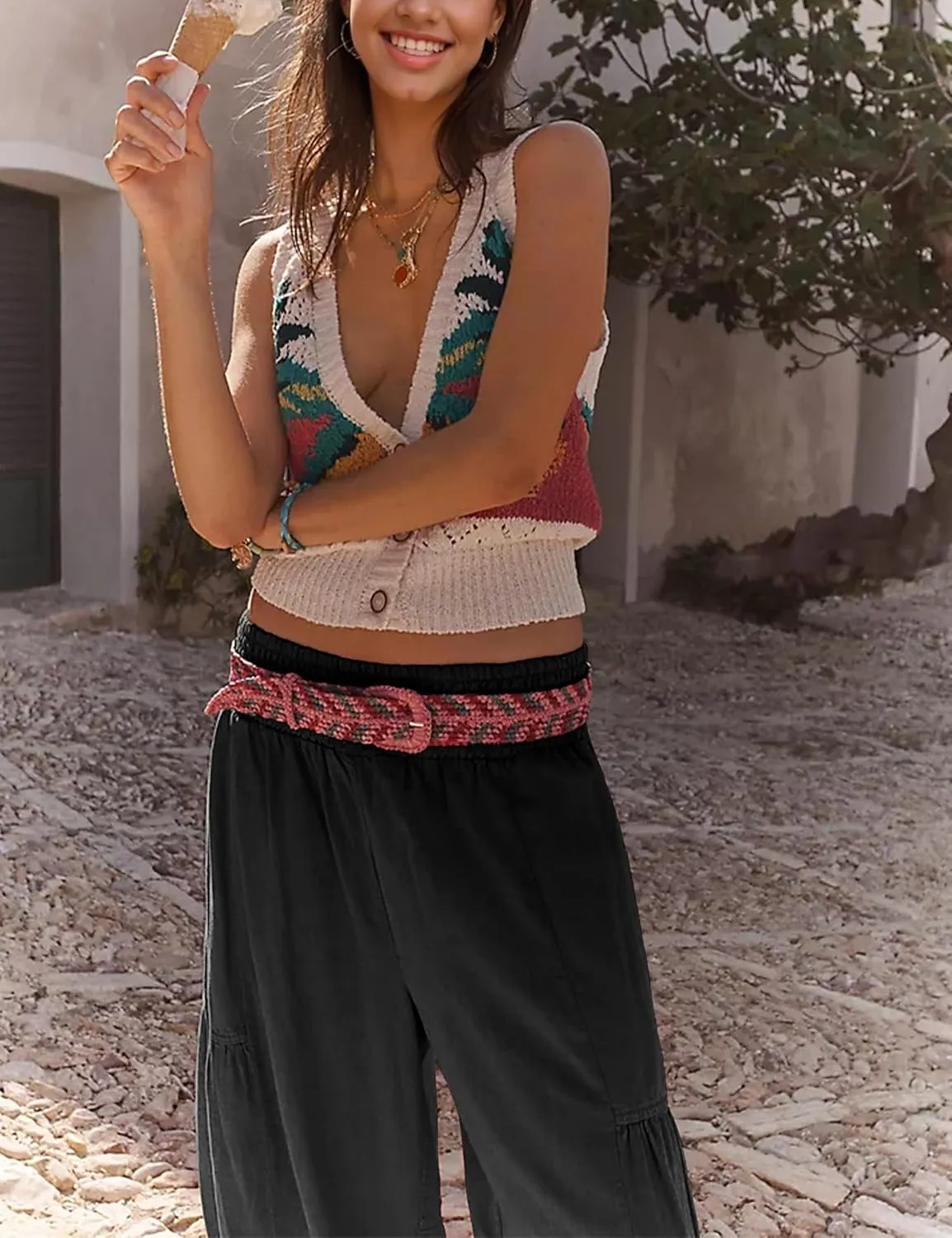 Womens Baggy Wide Leg Pants Casual Elastic Waist and Ankles Bohemian Palazzo Harem Pants with Pockets