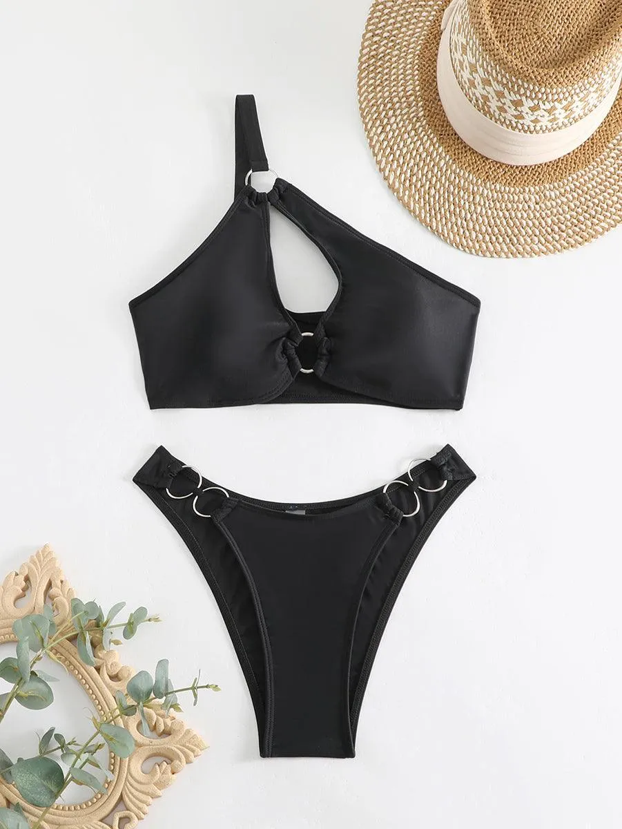 Women's Black Bikini Set - Angled Neckline Two-Piece Swimwear