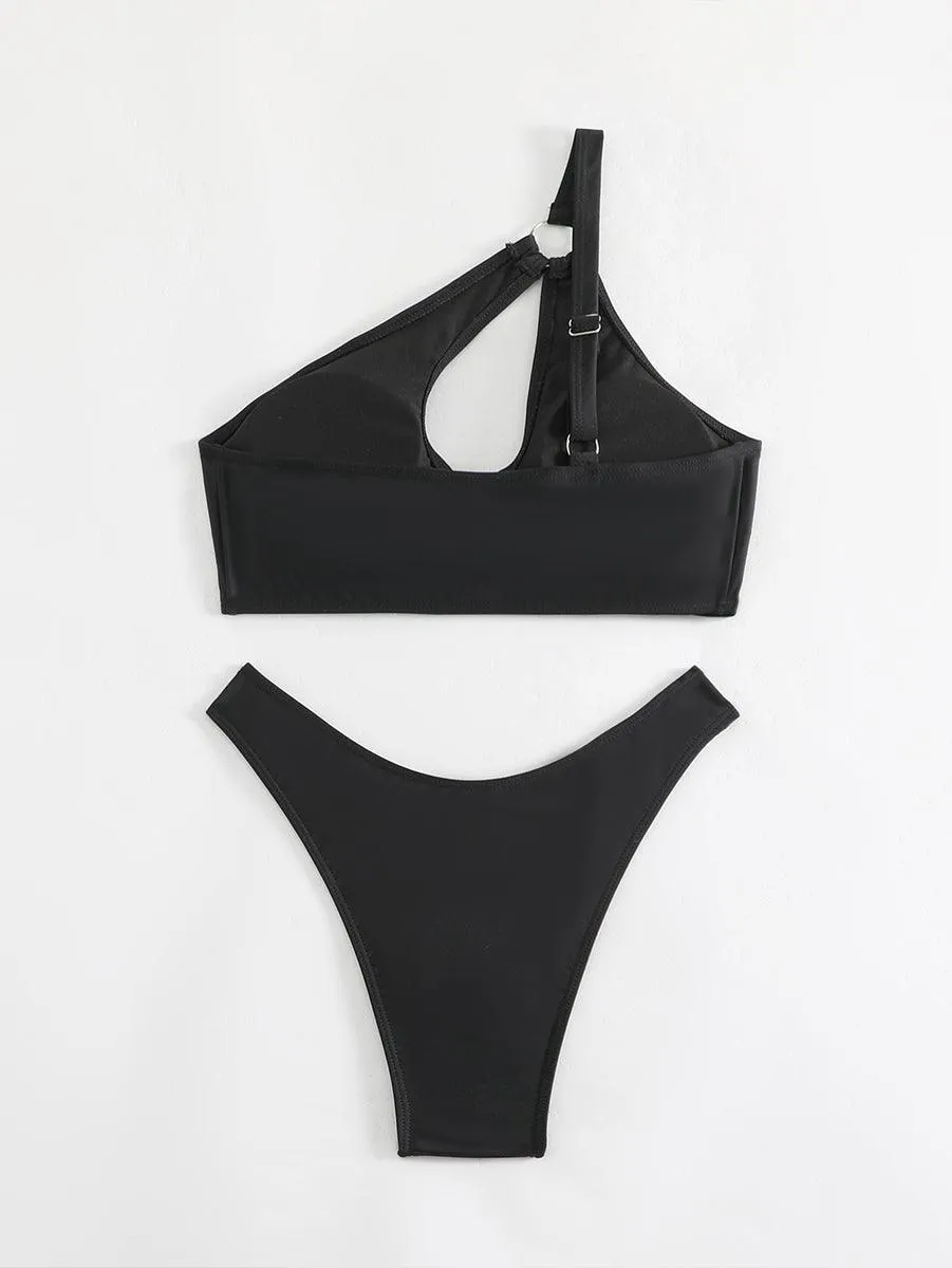 Women's Black Bikini Set - Angled Neckline Two-Piece Swimwear