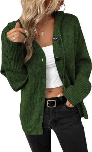 Women's Casual Cardigan V Neck Button Up Hooded Knit Sweaters Long Sleeve Hoodie Oversized Outfits Open Front Tops