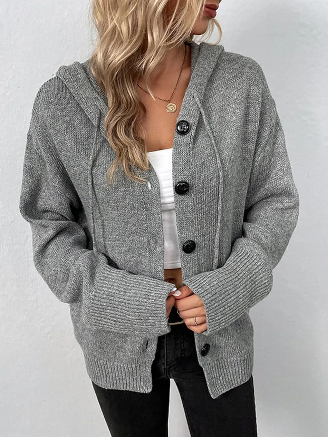 Women's Casual Cardigan V Neck Button Up Hooded Knit Sweaters Long Sleeve Hoodie Oversized Outfits Open Front Tops