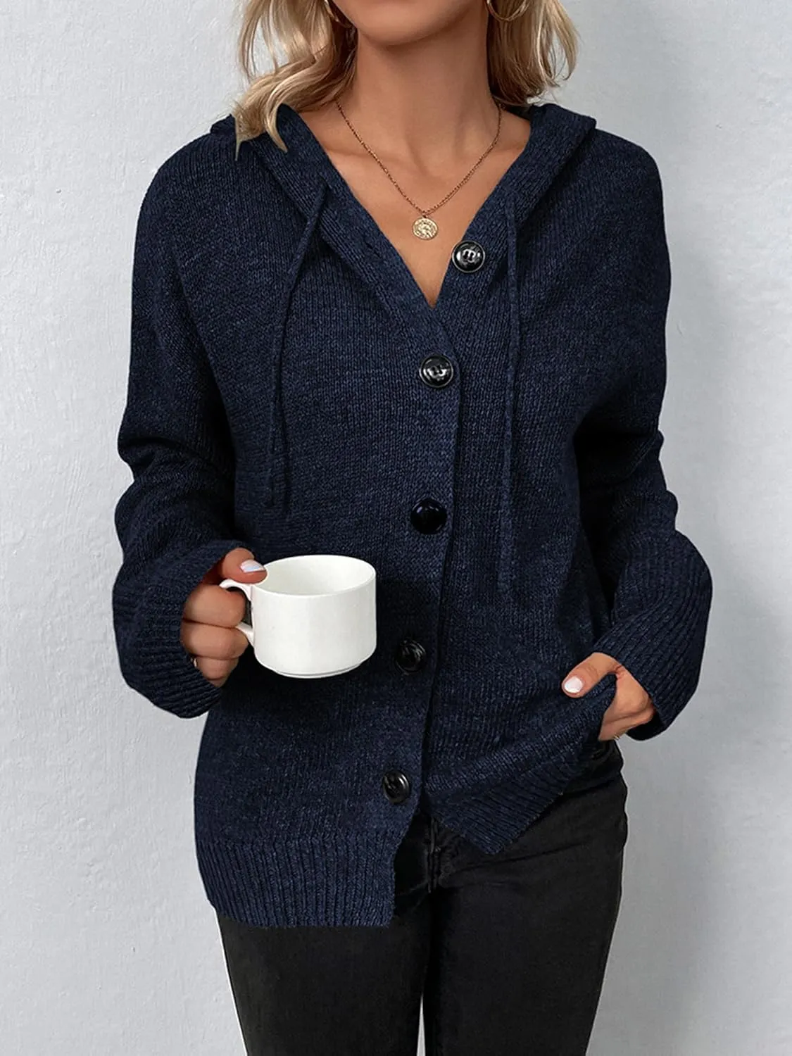 Women's Casual Cardigan V Neck Button Up Hooded Knit Sweaters Long Sleeve Hoodie Oversized Outfits Open Front Tops