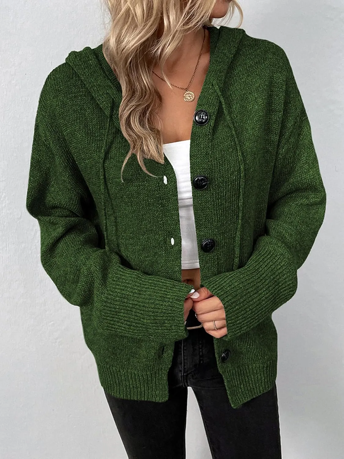 Women's Casual Cardigan V Neck Button Up Hooded Knit Sweaters Long Sleeve Hoodie Oversized Outfits Open Front Tops