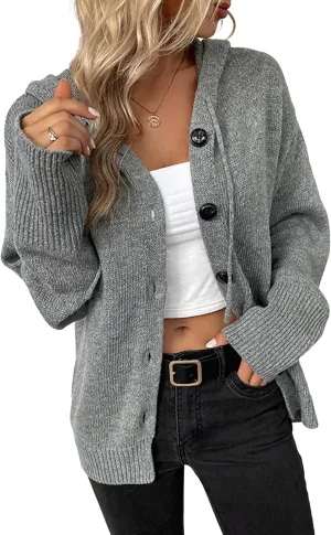 Women's Casual Cardigan V Neck Button Up Hooded Knit Sweaters Long Sleeve Hoodie Oversized Outfits Open Front Tops