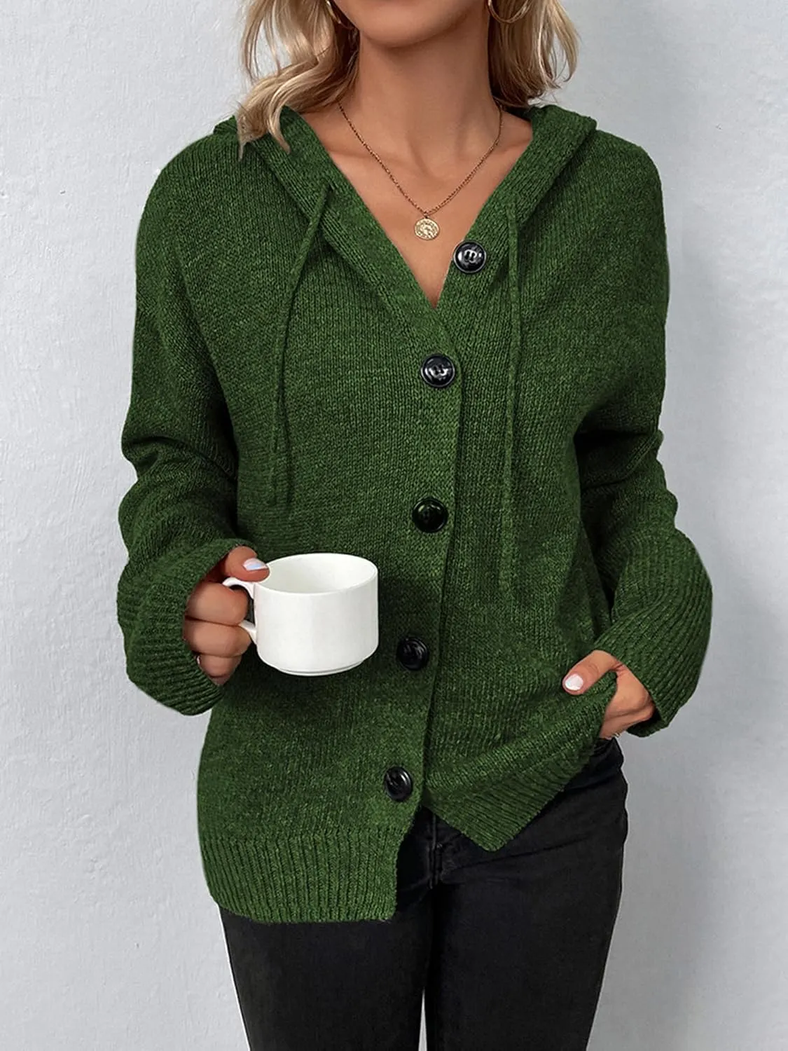 Women's Casual Cardigan V Neck Button Up Hooded Knit Sweaters Long Sleeve Hoodie Oversized Outfits Open Front Tops