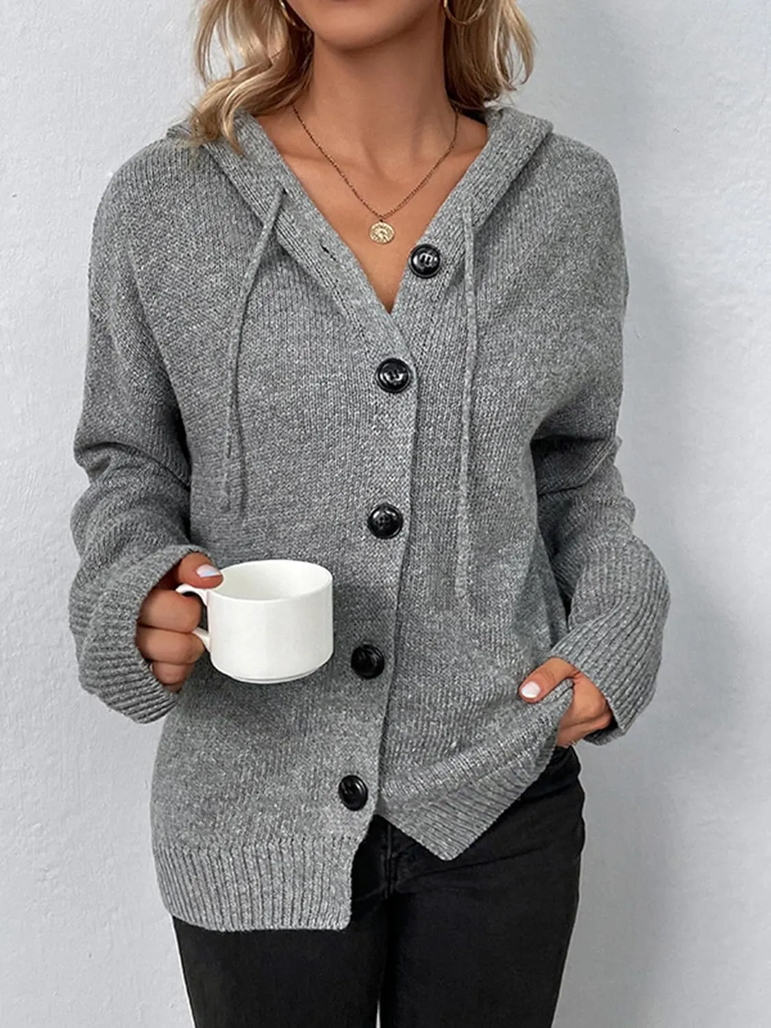 Women's Casual Cardigan V Neck Button Up Hooded Knit Sweaters Long Sleeve Hoodie Oversized Outfits Open Front Tops