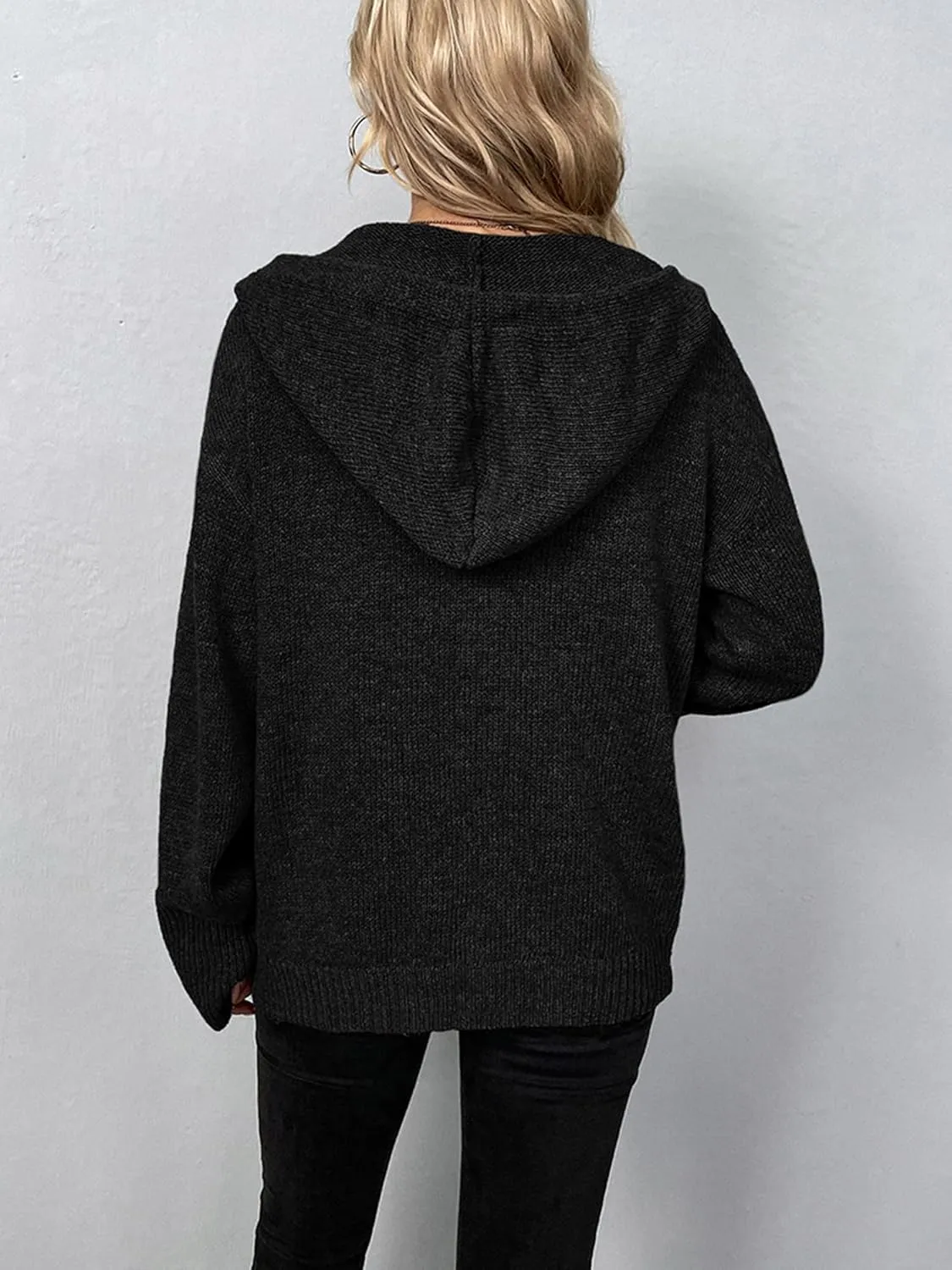 Women's Casual Cardigan V Neck Button Up Hooded Knit Sweaters Long Sleeve Hoodie Oversized Outfits Open Front Tops
