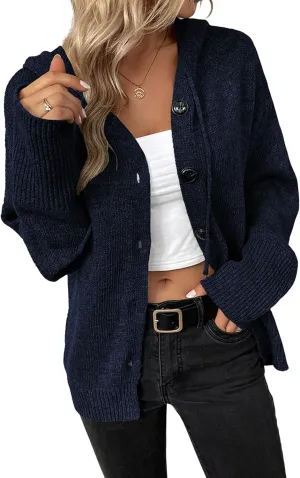 Women's Casual Cardigan V Neck Button Up Hooded Knit Sweaters Long Sleeve Hoodie Oversized Outfits Open Front Tops