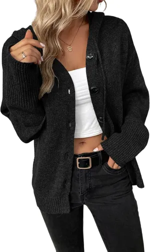 Women's Casual Cardigan V Neck Button Up Hooded Knit Sweaters Long Sleeve Hoodie Oversized Outfits Open Front Tops