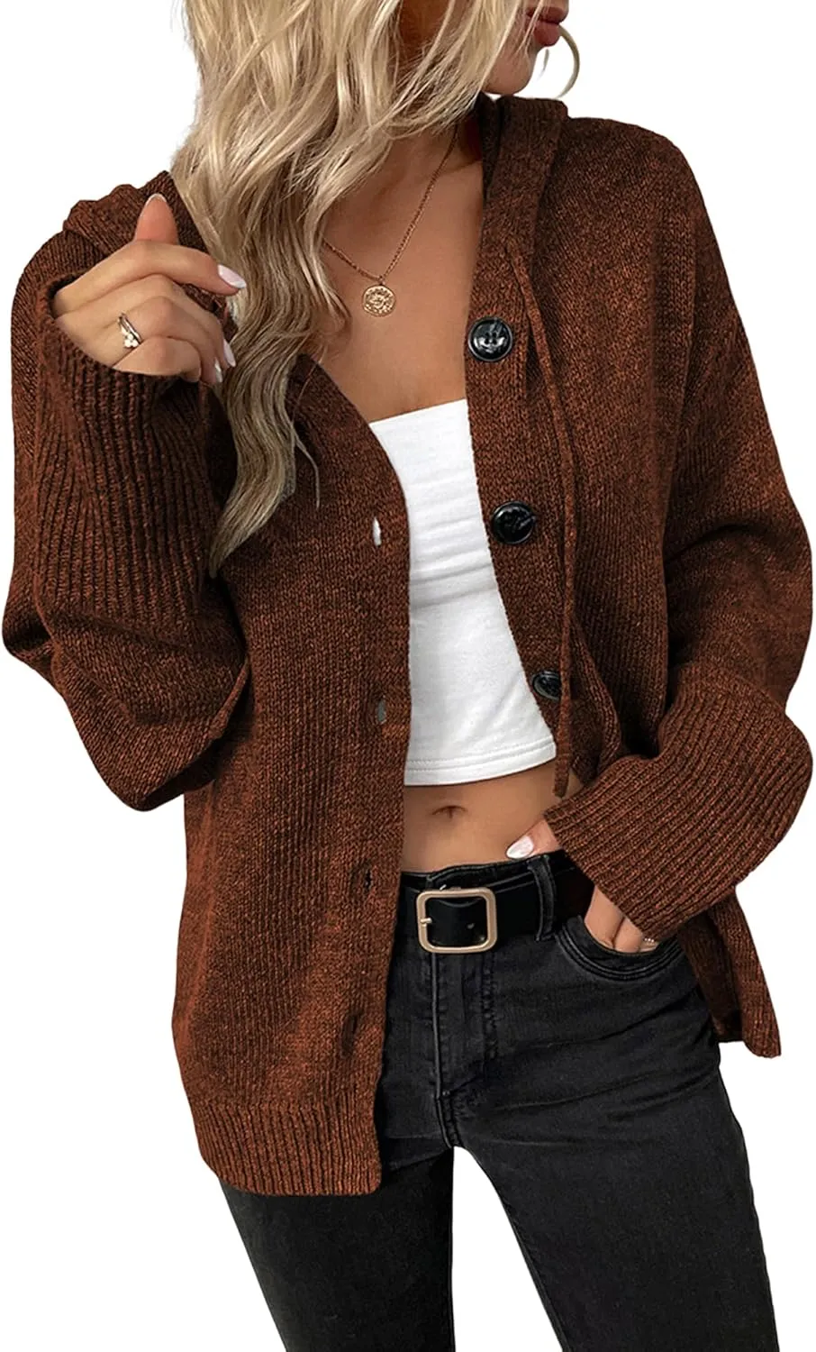 Women's Casual Cardigan V Neck Button Up Hooded Knit Sweaters Long Sleeve Hoodie Oversized Outfits Open Front Tops