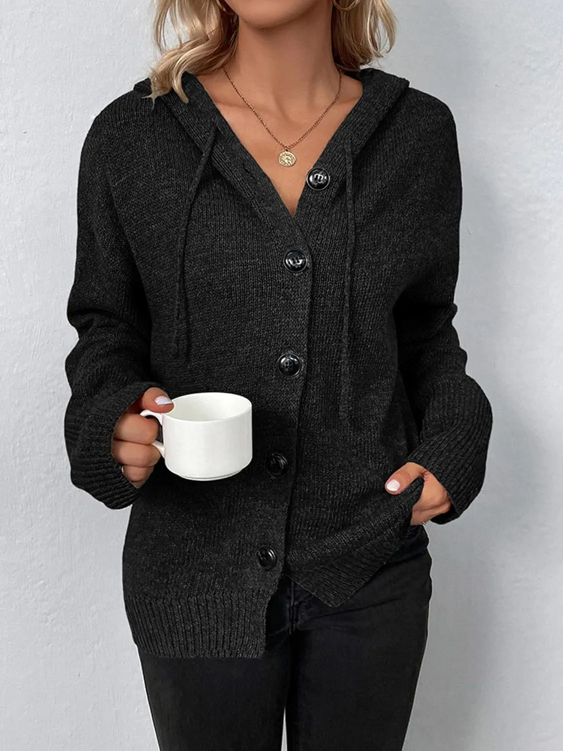 Women's Casual Cardigan V Neck Button Up Hooded Knit Sweaters Long Sleeve Hoodie Oversized Outfits Open Front Tops