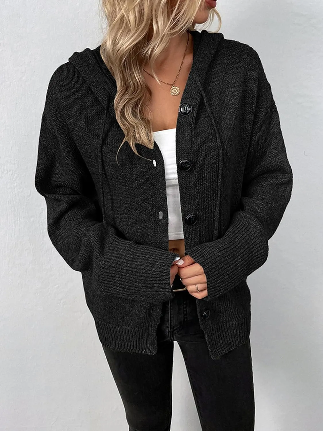 Women's Casual Cardigan V Neck Button Up Hooded Knit Sweaters Long Sleeve Hoodie Oversized Outfits Open Front Tops