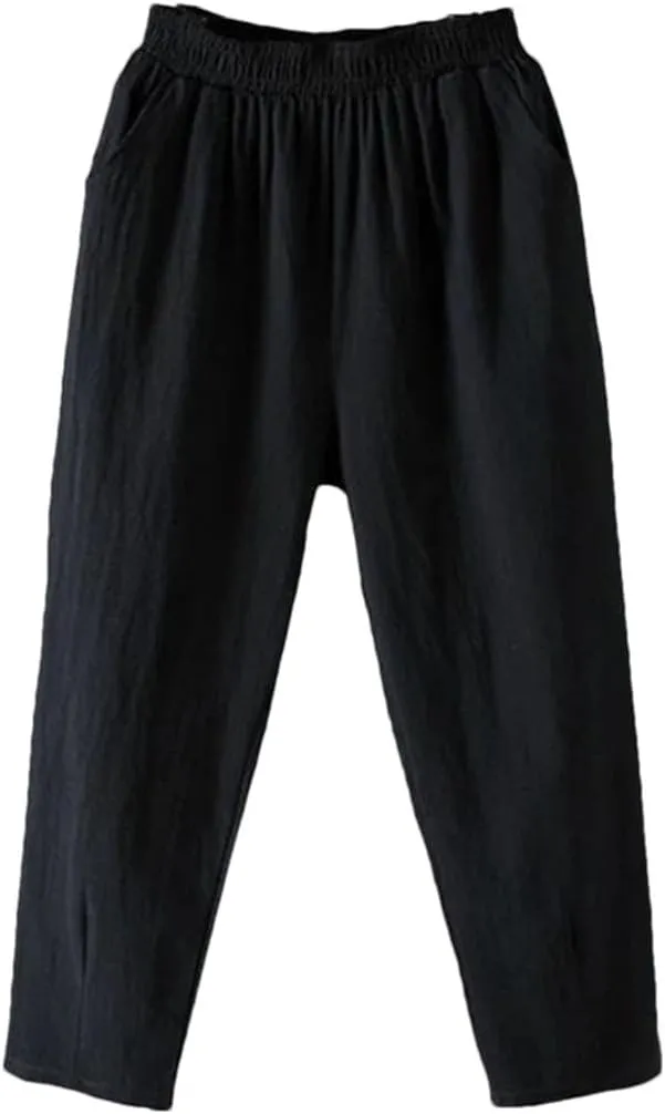 Women's Casual Cotton Linen Harem Pants Loose Solid Elastic Waist Ankle-Length Pants