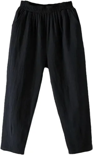 Women's Casual Cotton Linen Harem Pants Loose Solid Elastic Waist Ankle-Length Pants