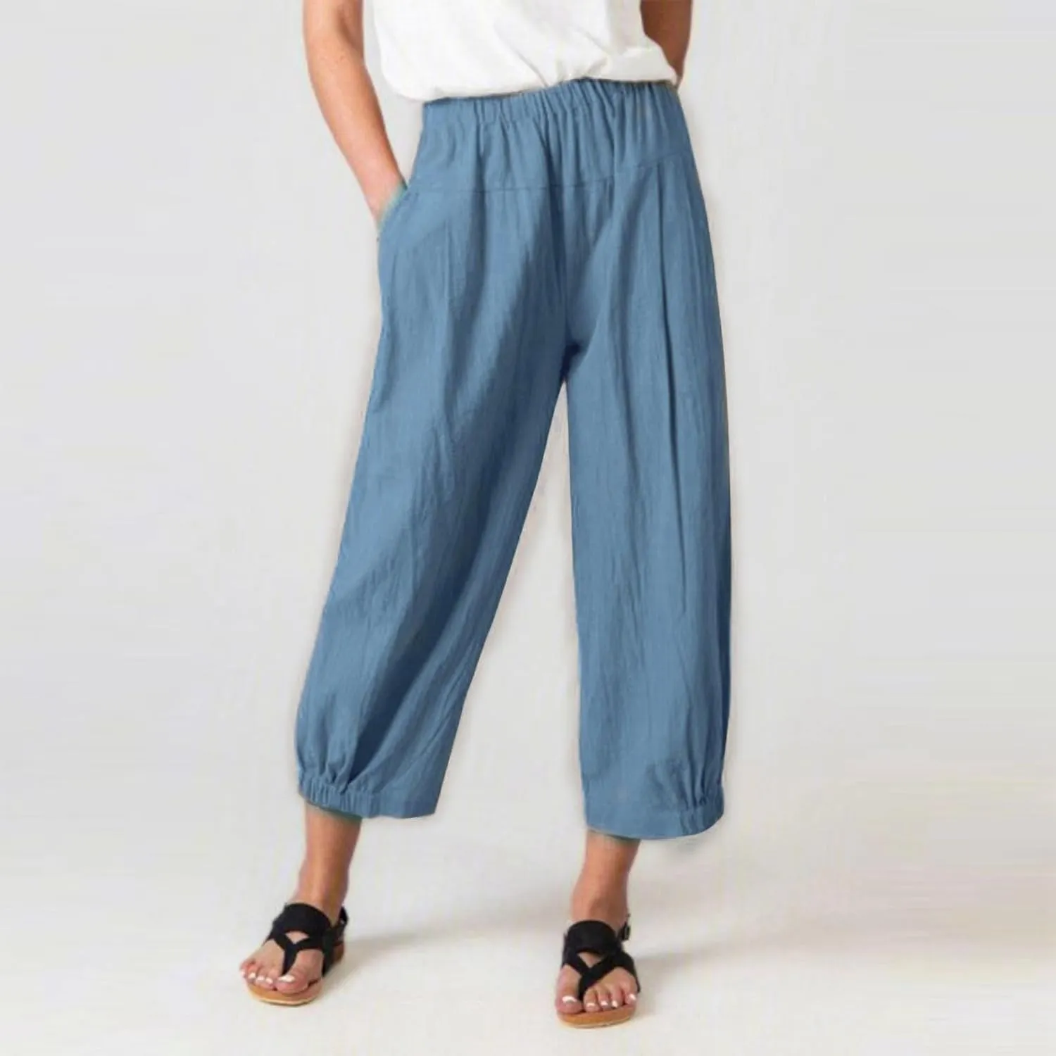 Women's Casual Cropped Pants Elastic Waist Wide Leg Linen Lightweight Summer Beach Trousers with Pocket