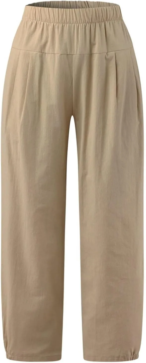 Women's Casual Cropped Pants Elastic Waist Wide Leg Linen Lightweight Summer Beach Trousers with Pocket