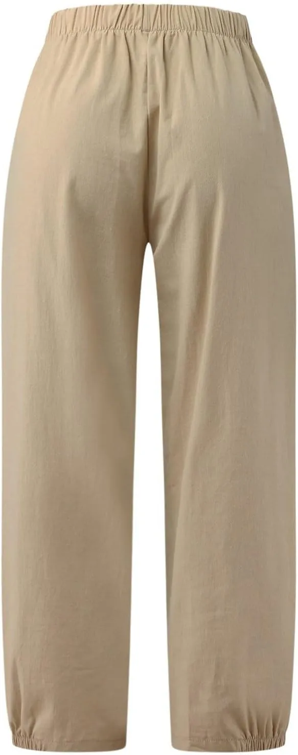 Women's Casual Cropped Pants Elastic Waist Wide Leg Linen Lightweight Summer Beach Trousers with Pocket