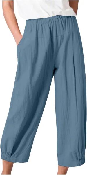 Women's Casual Cropped Pants Elastic Waist Wide Leg Linen Lightweight Summer Beach Trousers with Pocket