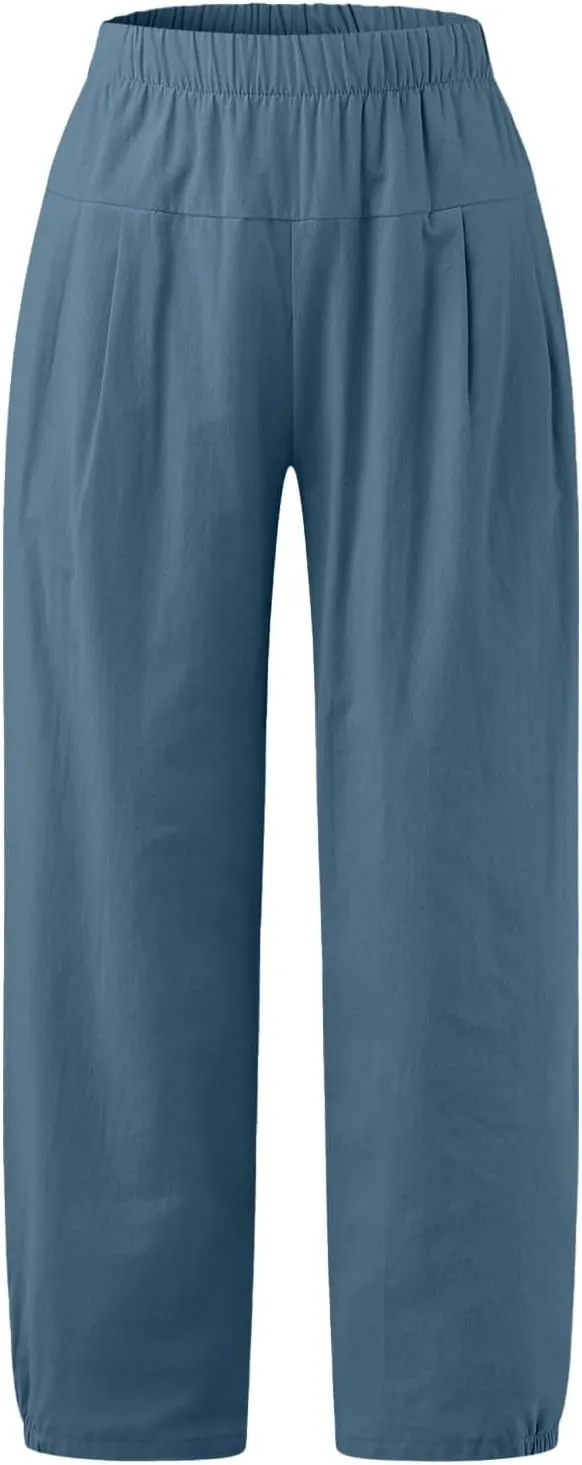Women's Casual Cropped Pants Elastic Waist Wide Leg Linen Lightweight Summer Beach Trousers with Pocket