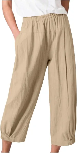 Women's Casual Cropped Pants Elastic Waist Wide Leg Linen Lightweight Summer Beach Trousers with Pocket