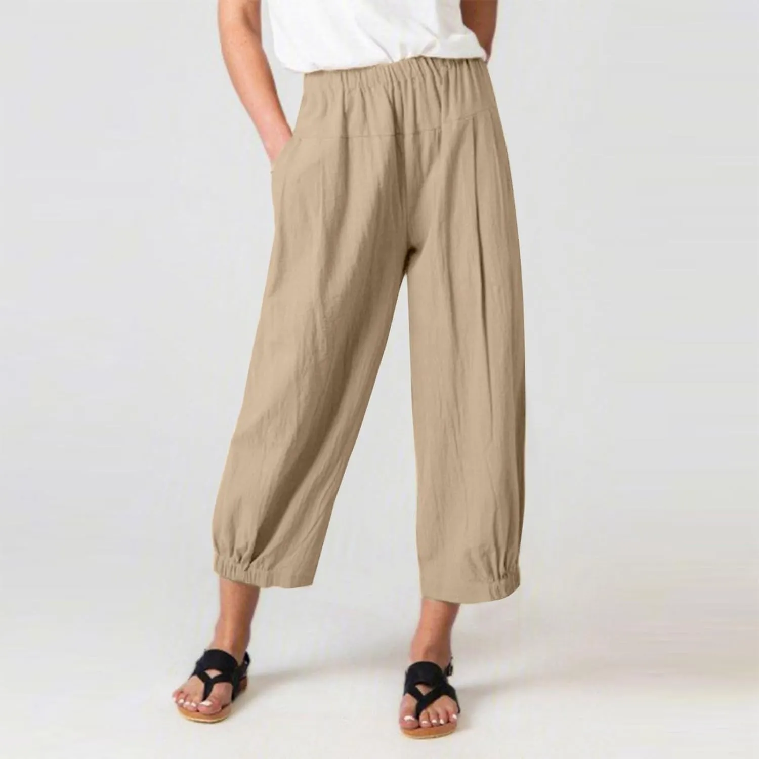 Women's Casual Cropped Pants Elastic Waist Wide Leg Linen Lightweight Summer Beach Trousers with Pocket