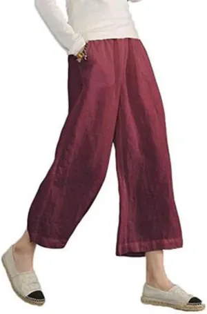 Womens Casual Lightweight Elastic Waist Linen Cotton Trouser Cropped Wide Leg Pants
