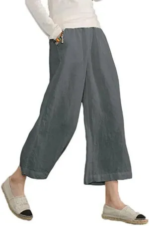 Womens Casual Lightweight Elastic Waist Linen Cotton Trouser Cropped Wide Leg Pants