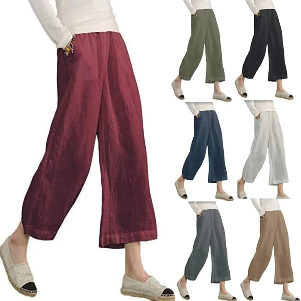 Womens Casual Lightweight Elastic Waist Linen Cotton Trouser Cropped Wide Leg Pants