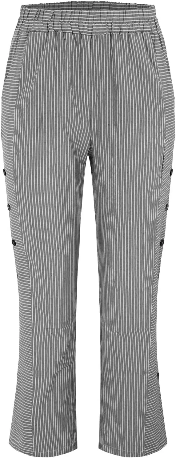 Women's Casual Pants Striped Side Button Elastic Waist Trendy Pants Straight Leg Baggy Trousers with Pocket