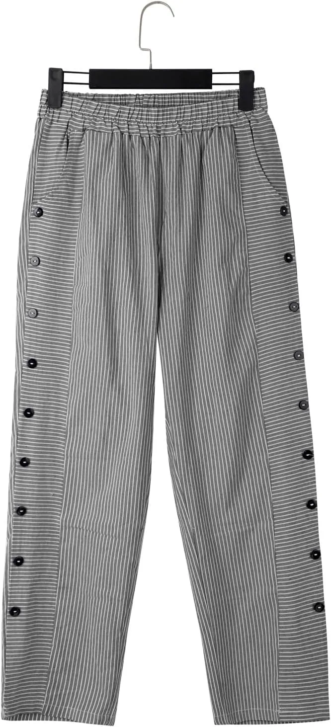 Women's Casual Pants Striped Side Button Elastic Waist Trendy Pants Straight Leg Baggy Trousers with Pocket