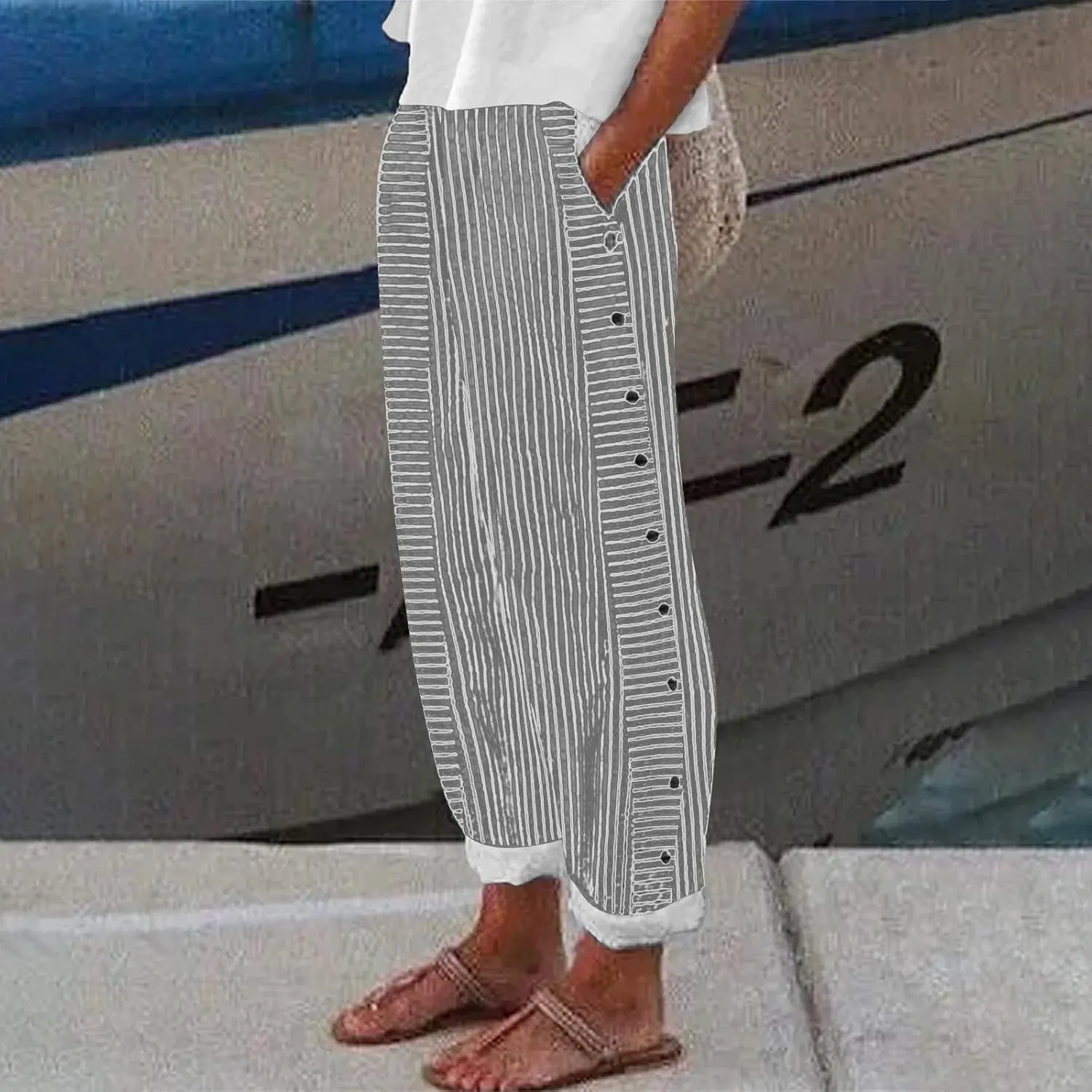 Women's Casual Pants Striped Side Button Elastic Waist Trendy Pants Straight Leg Baggy Trousers with Pocket