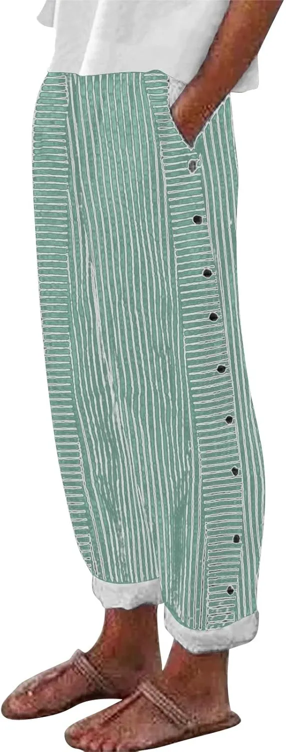 Women's Casual Pants Striped Side Button Elastic Waist Trendy Pants Straight Leg Baggy Trousers with Pocket