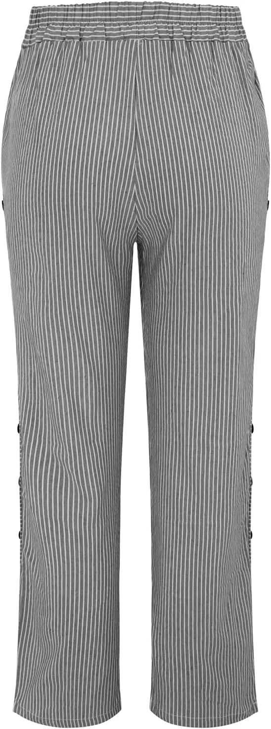 Women's Casual Pants Striped Side Button Elastic Waist Trendy Pants Straight Leg Baggy Trousers with Pocket