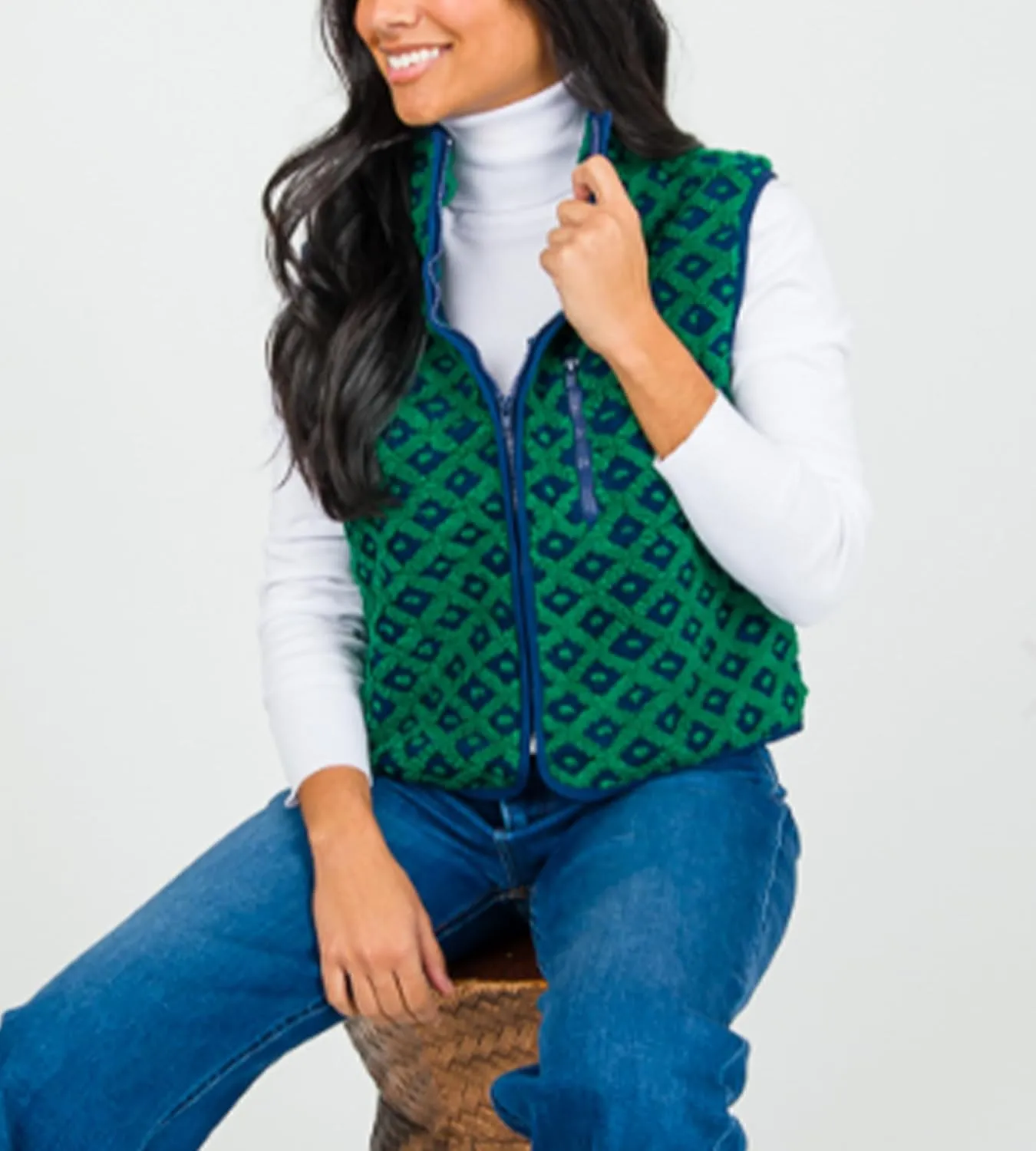 Womens Checkered Sherpa Vest Fleece Jacket Lightweight Zip Up Sleeveless Crochet Plaid Gilet with Pocket