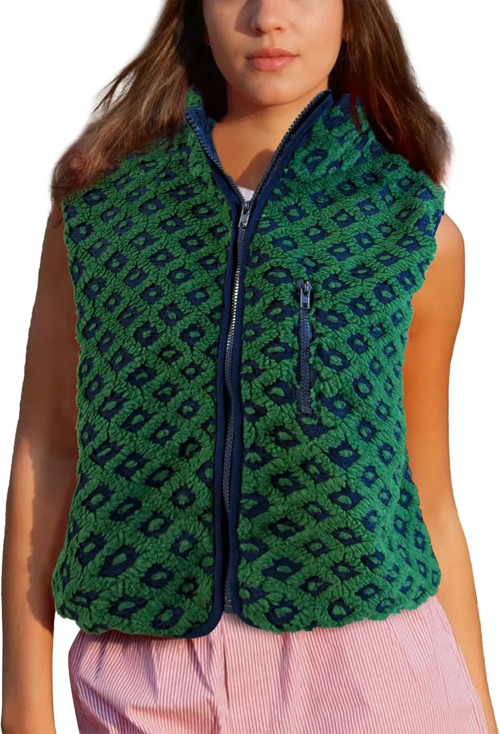 Womens Checkered Sherpa Vest Fleece Jacket Lightweight Zip Up Sleeveless Crochet Plaid Gilet with Pocket