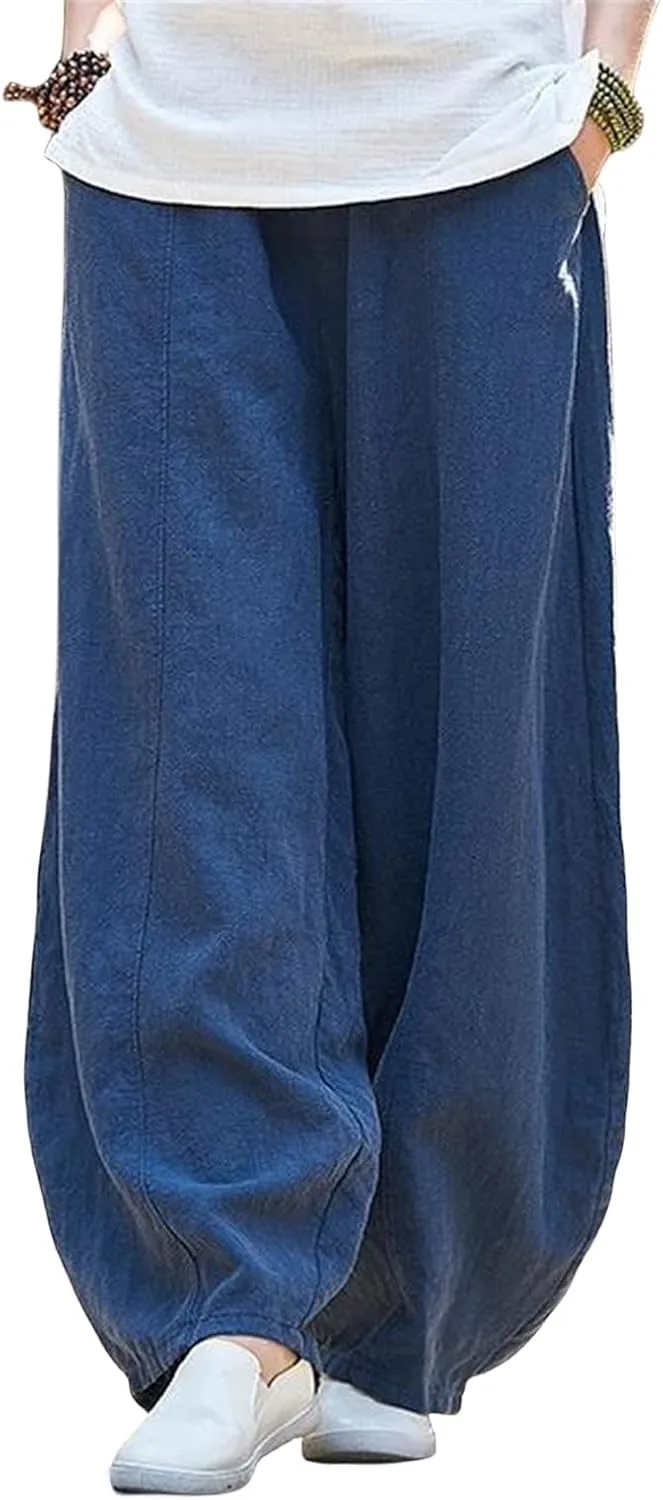 Womens Cotton Linen Baggy Pants Elastic Waist Loose Fit Lantern Pants Casual Summer Beach Pants Trousers Resort Wear