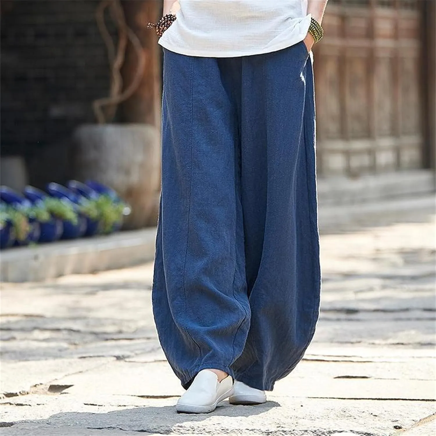 Womens Cotton Linen Baggy Pants Elastic Waist Loose Fit Lantern Pants Casual Summer Beach Pants Trousers Resort Wear