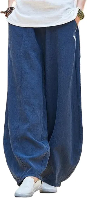 Womens Cotton Linen Baggy Pants Elastic Waist Loose Fit Lantern Pants Casual Summer Beach Pants Trousers Resort Wear