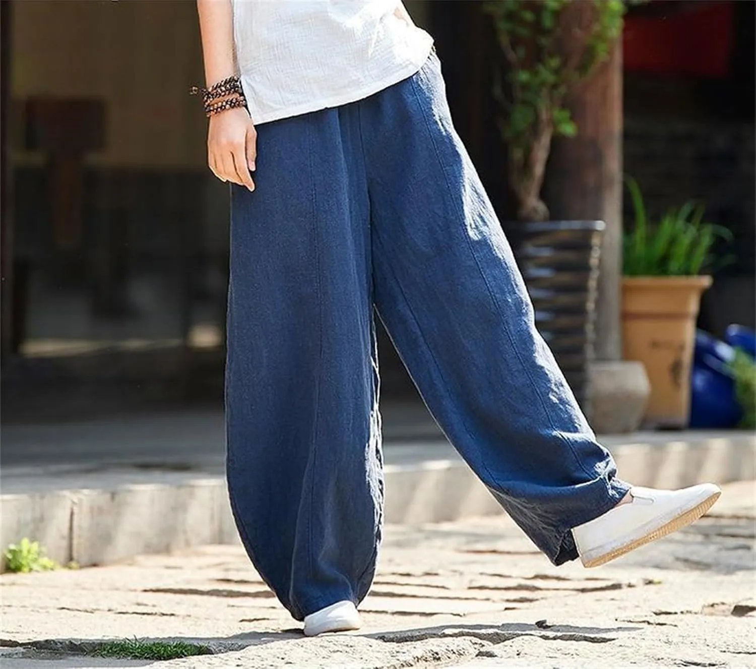 Womens Cotton Linen Baggy Pants Elastic Waist Loose Fit Lantern Pants Casual Summer Beach Pants Trousers Resort Wear