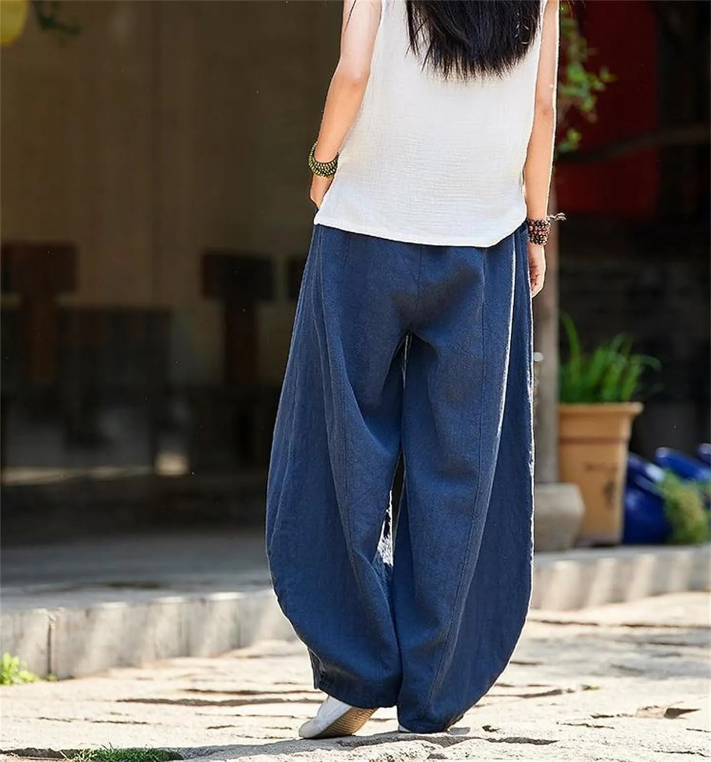 Womens Cotton Linen Baggy Pants Elastic Waist Loose Fit Lantern Pants Casual Summer Beach Pants Trousers Resort Wear