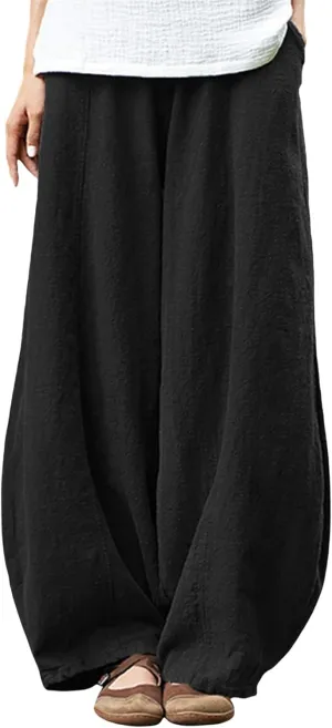 Womens Cotton Linen Baggy Pants Elastic Waist Loose Fit Lantern Pants Casual Summer Beach Pants Trousers Resort Wear
