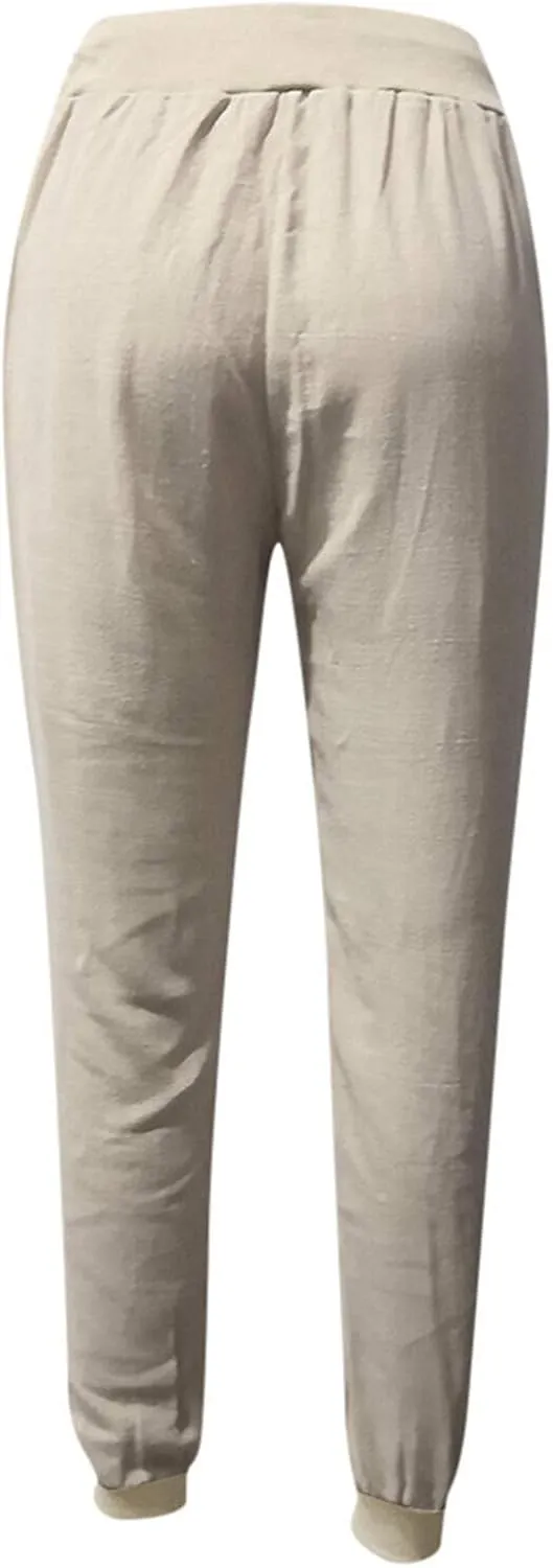Womens Cotton Linen Jogger Pants Tapered Leg Summer Casual Back Elastic Waist Beach Pants Drawstring Trousers with Pockets