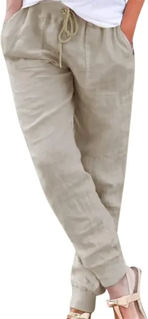 Womens Cotton Linen Jogger Pants Tapered Leg Summer Casual Back Elastic Waist Beach Pants Drawstring Trousers with Pockets