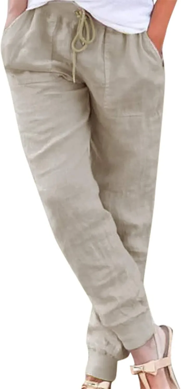 Womens Cotton Linen Jogger Pants Tapered Leg Summer Casual Back Elastic Waist Beach Pants Drawstring Trousers with Pockets