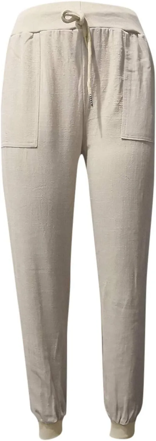 Womens Cotton Linen Jogger Pants Tapered Leg Summer Casual Back Elastic Waist Beach Pants Drawstring Trousers with Pockets
