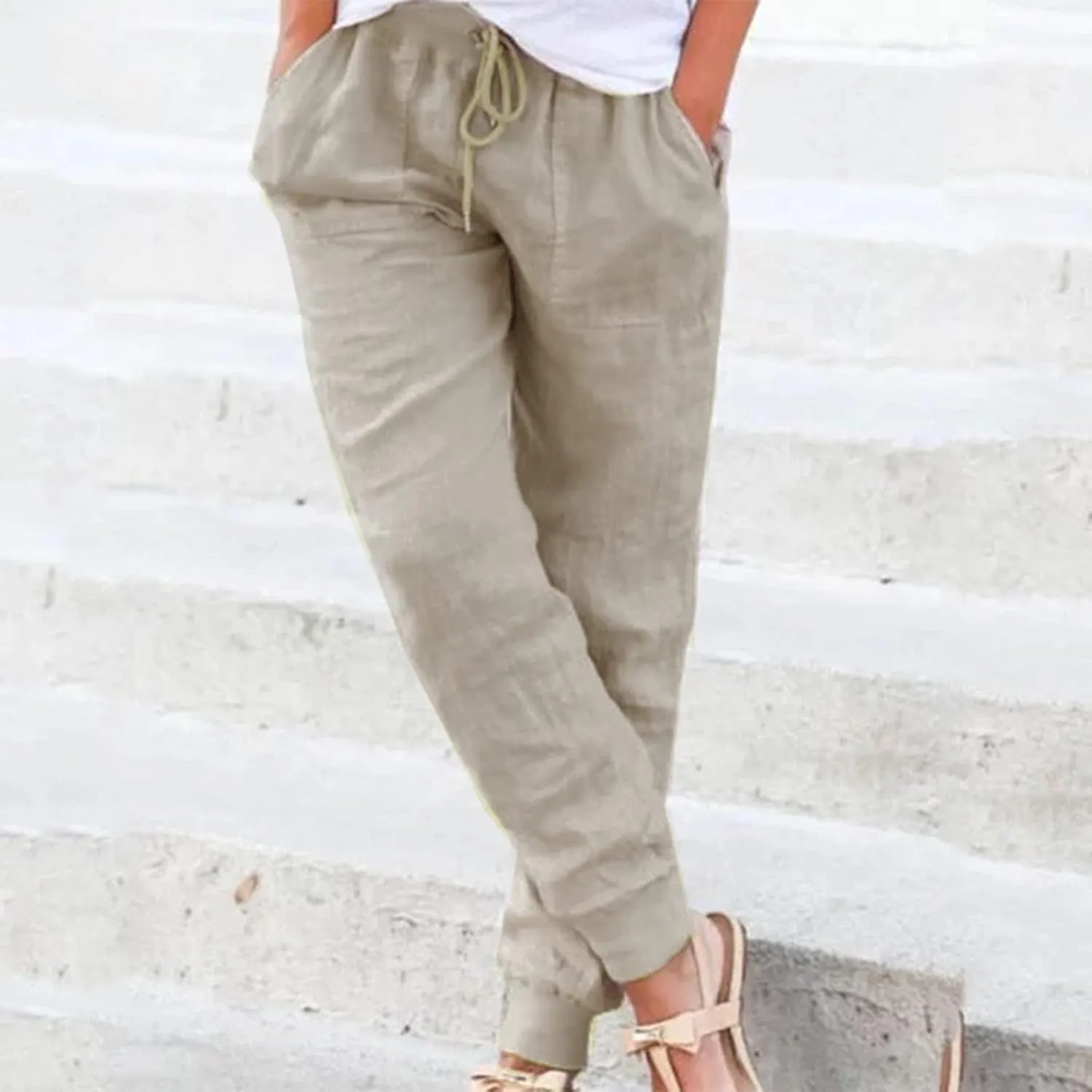 Womens Cotton Linen Jogger Pants Tapered Leg Summer Casual Back Elastic Waist Beach Pants Drawstring Trousers with Pockets