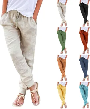 Womens Cotton Linen Jogger Pants Tapered Leg Summer Casual Back Elastic Waist Beach Pants Drawstring Trousers with Pockets