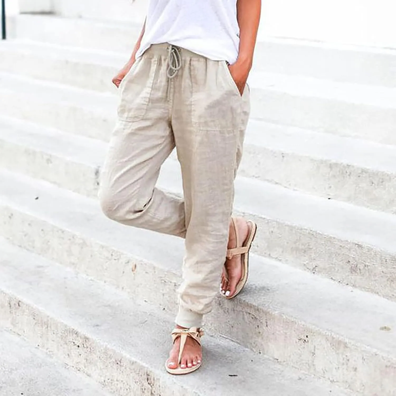 Womens Cotton Linen Jogger Pants Tapered Leg Summer Casual Back Elastic Waist Beach Pants Drawstring Trousers with Pockets